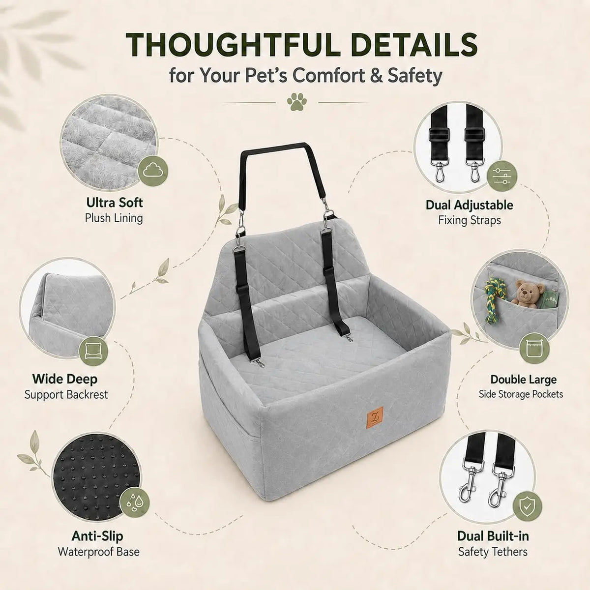 Dog Car Seat Bed with Safety Belt and Washable Cover