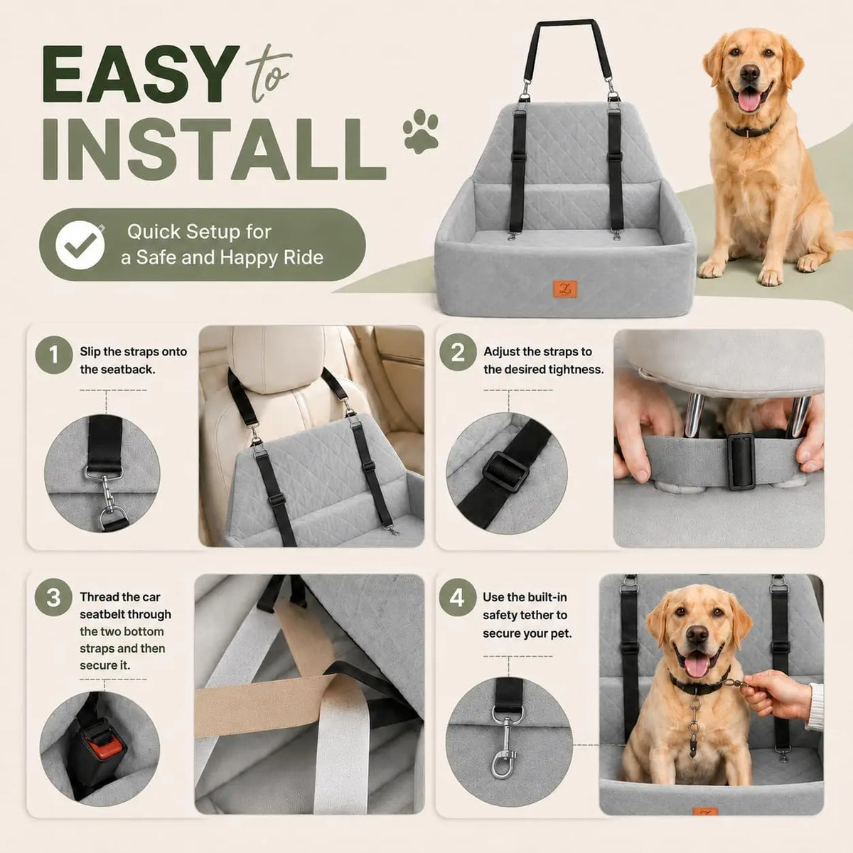 Dog Car Seat Bed with Safety Belt and Washable Cover