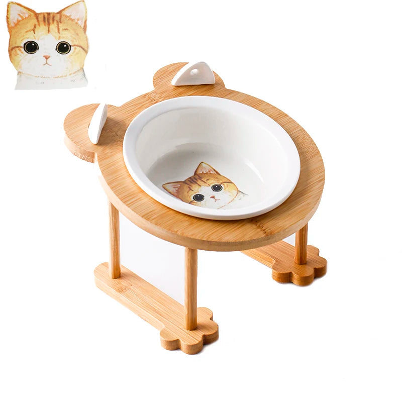Ceramic Single And Double Pet Food Bowl With Wooden Stand