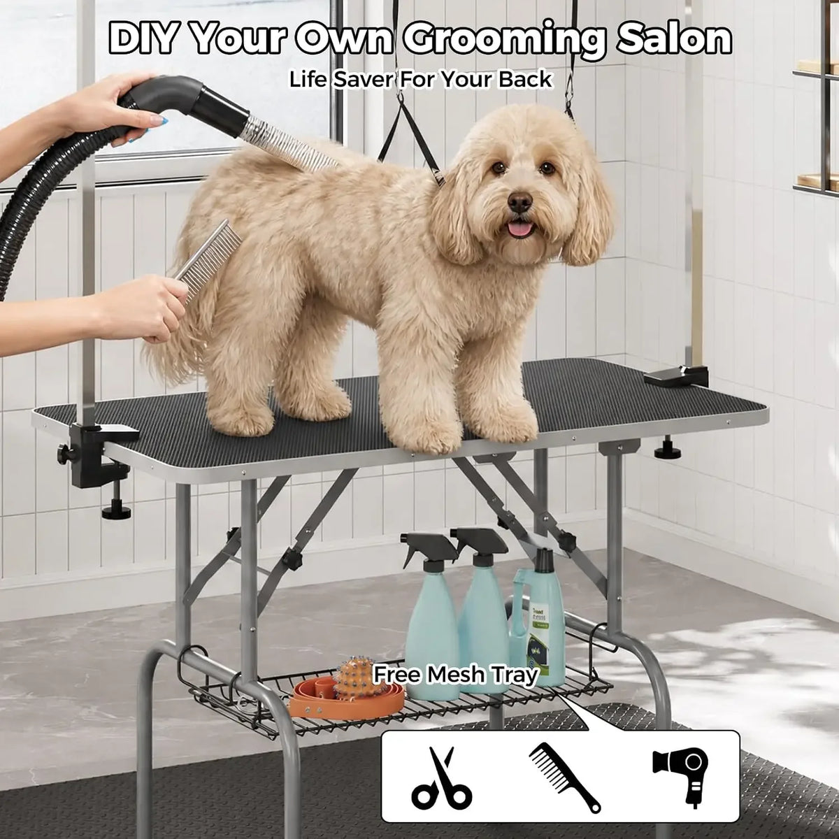 Garvee Professional Foldable Dog Grooming Table With Safety Nooses