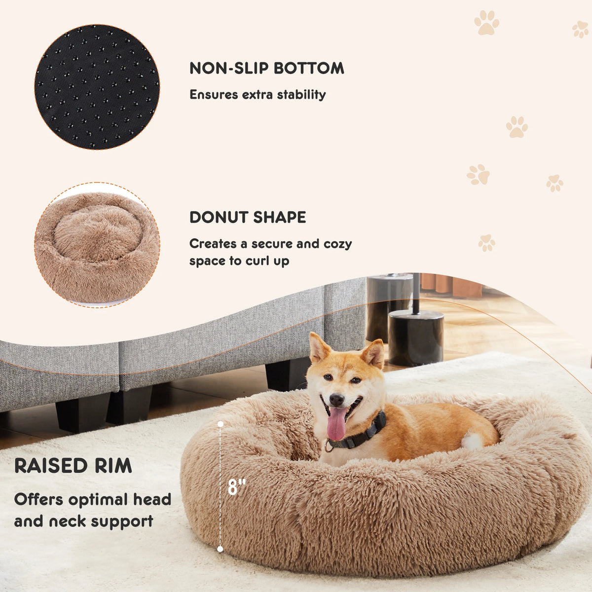 JHK Calming Washable Plush Faux Fur Non Slip Dog Bed