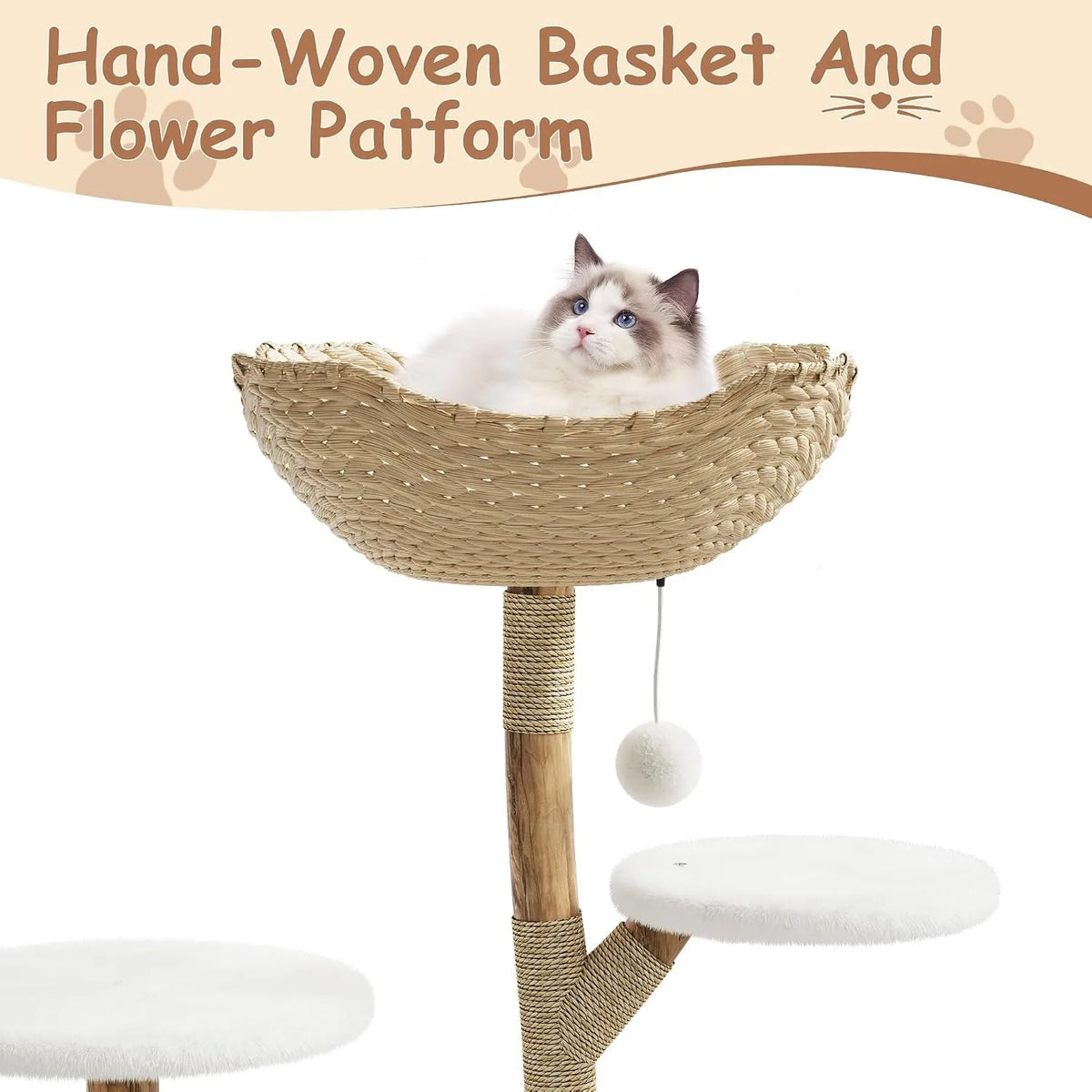 Wooden Cat Tree Tower With Rattan, Multi-Level Climbing Activity Center