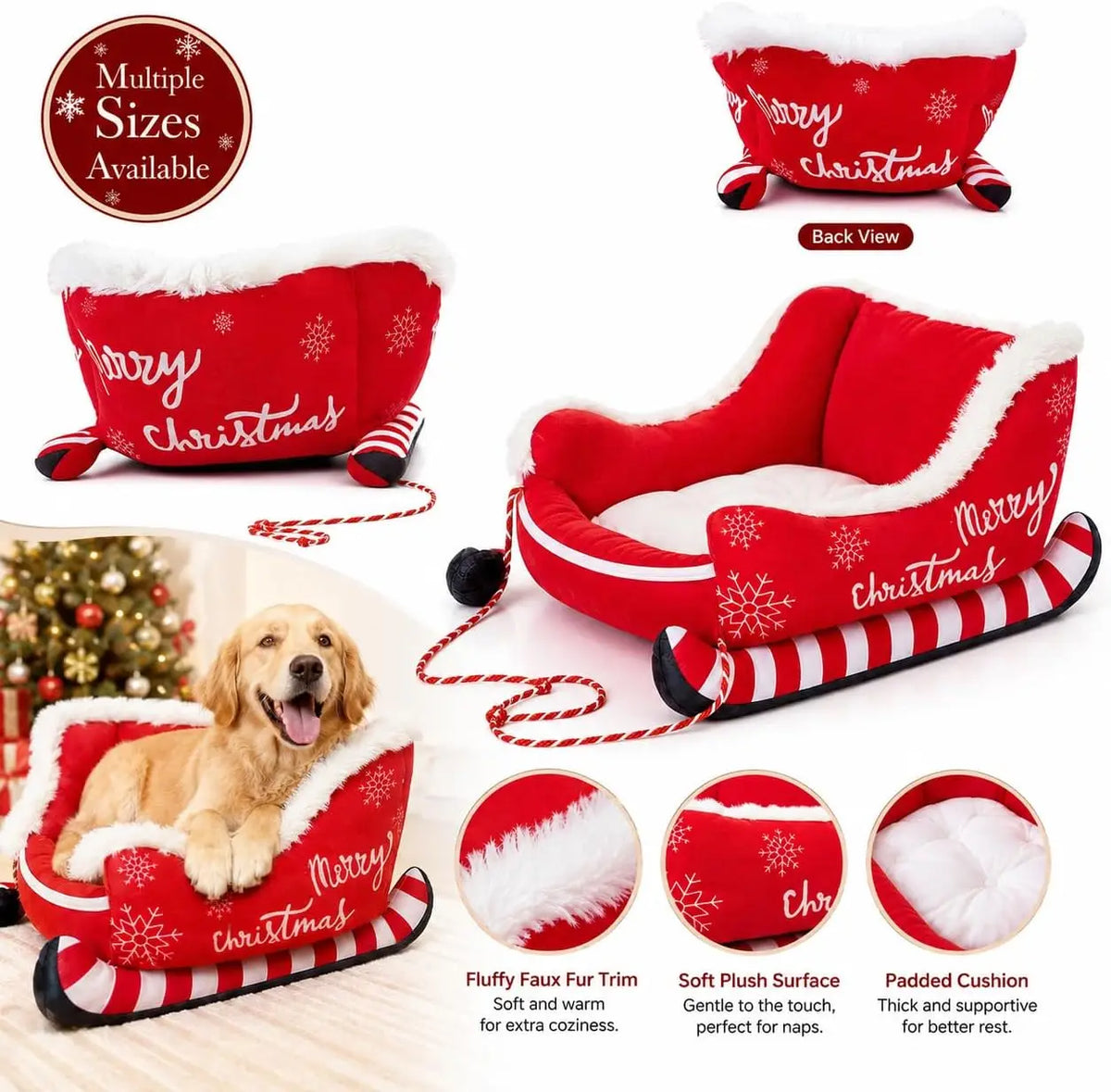 Christmas Santa Sleigh Dog Bed With Plush Raised Sides