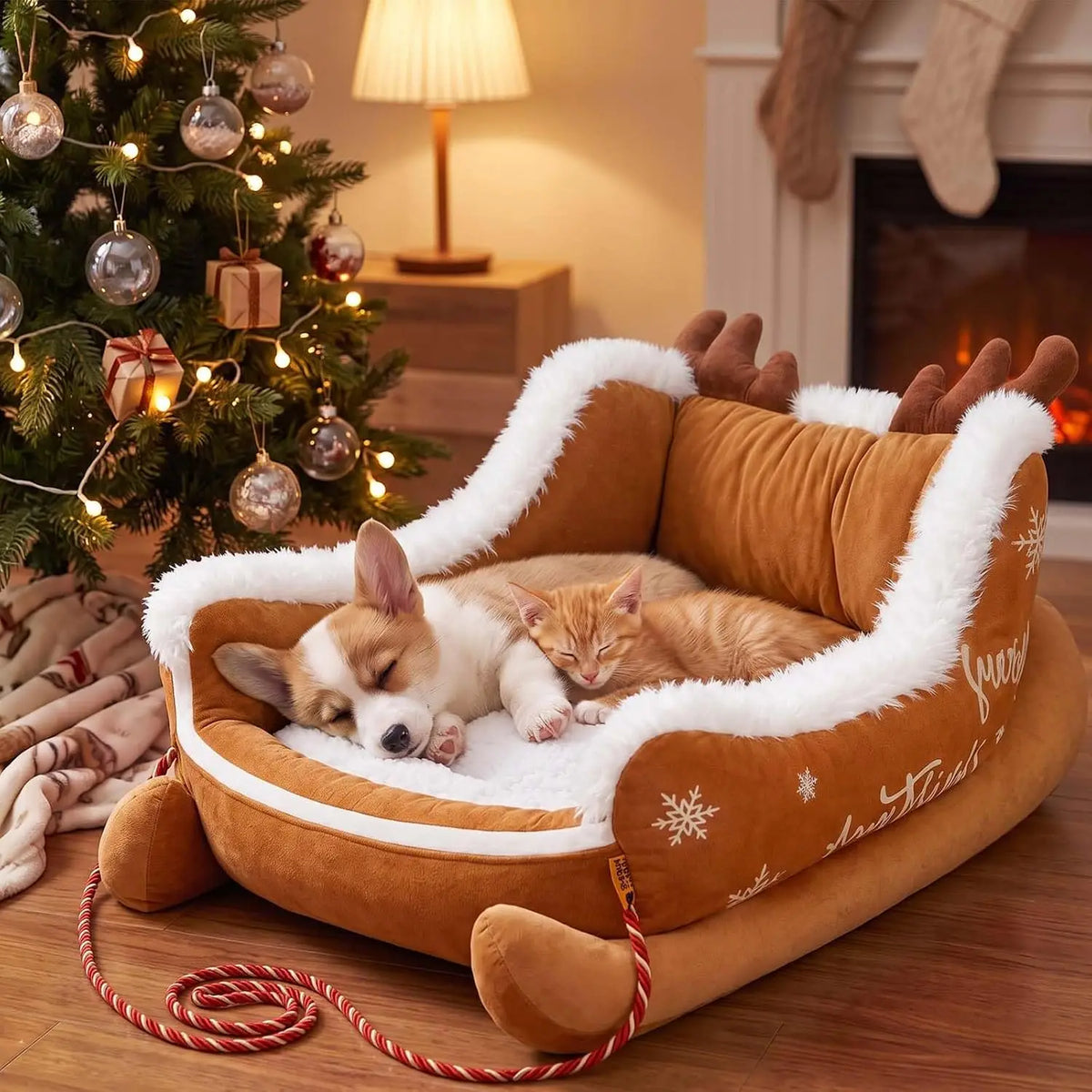 Christmas Santa Sleigh Dog Bed With Plush Raised Sides