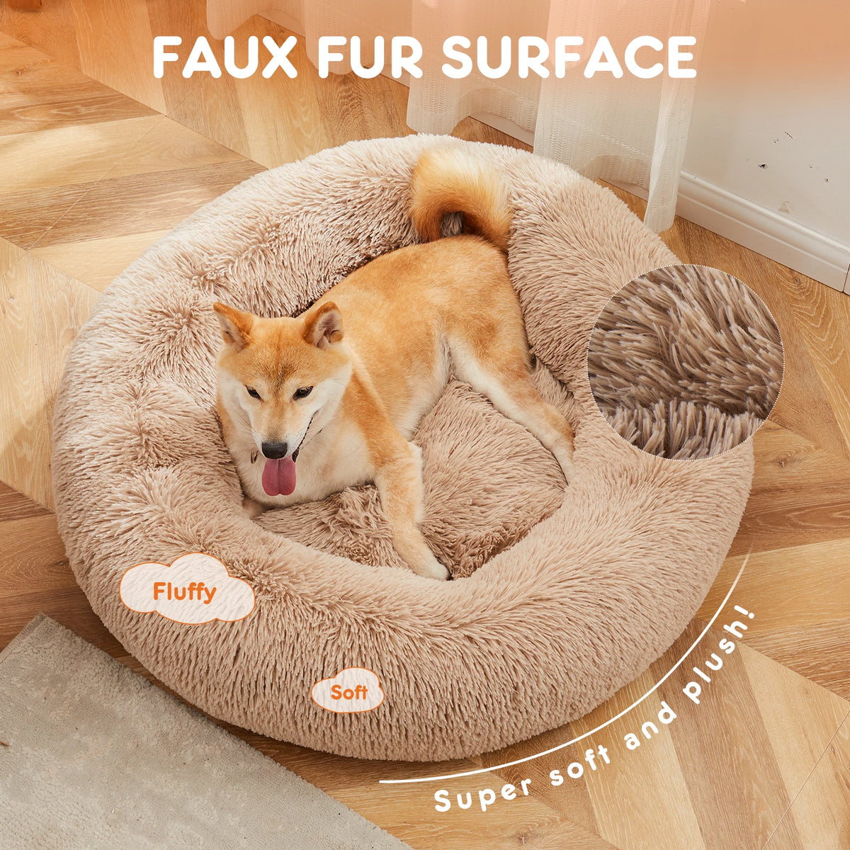 JHK Calming Washable Plush Faux Fur Non Slip Dog Bed
