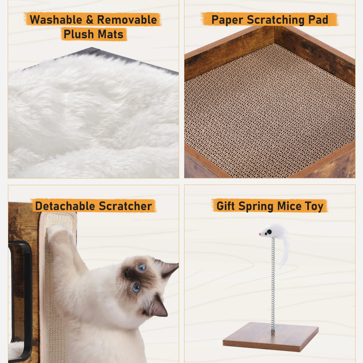 PAWZ Road Modern Wood Cat Condo With Scratching Pad Tower