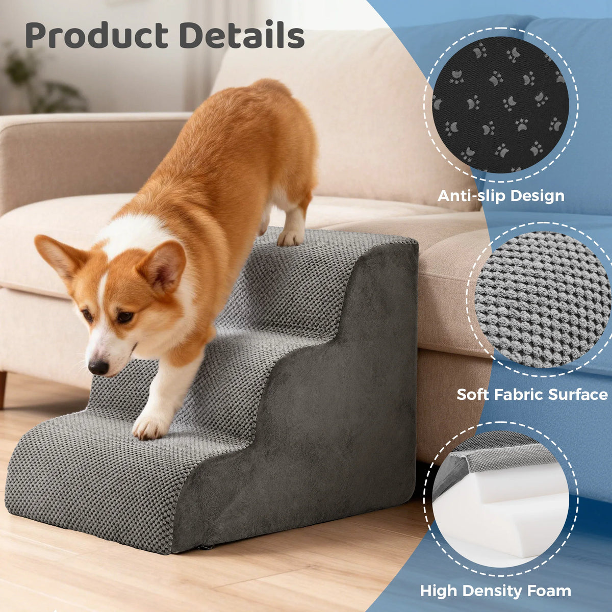 JHK Curved Foam Dog Stairs With Non Slip Pet Steps