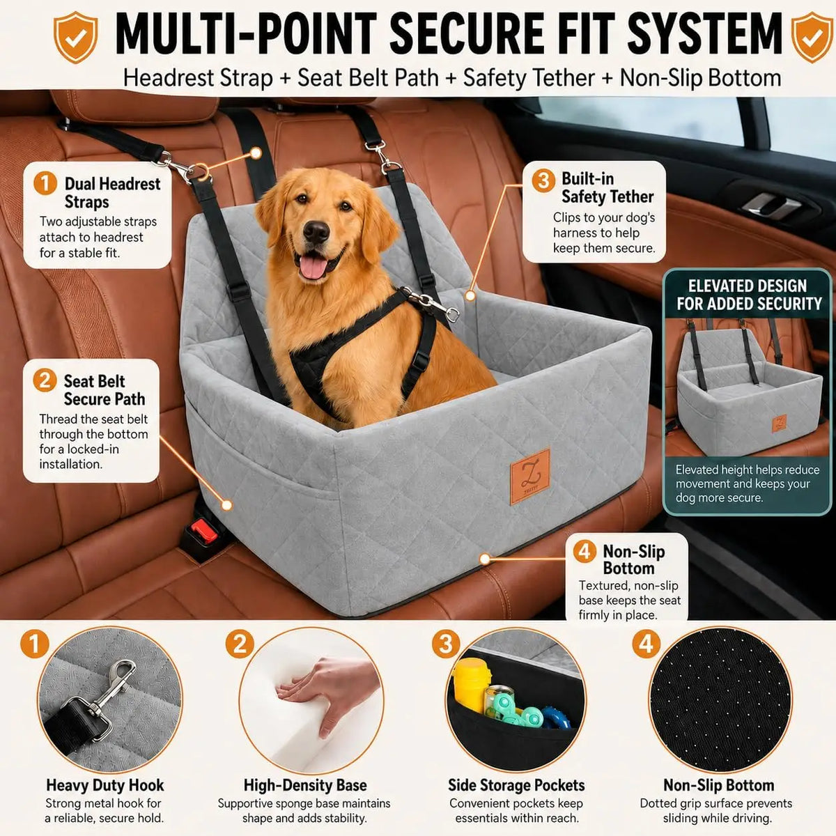Dog Car Seat Bed with Safety Belt and Washable Cover
