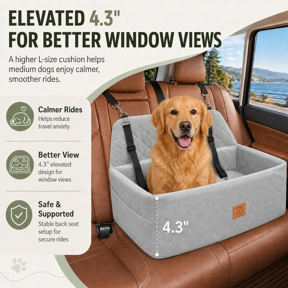 Dog Car Seat Bed with Safety Belt and Washable Cover