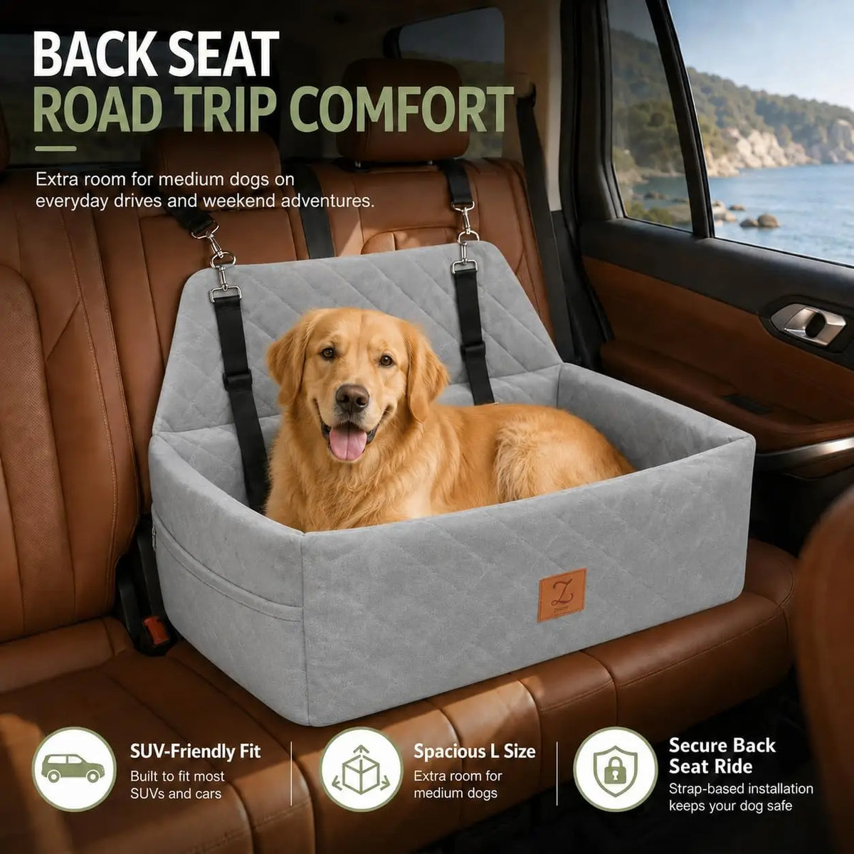 Dog Car Seat Bed with Safety Belt and Washable Cover