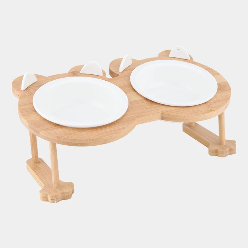 Ceramic Single And Double Pet Food Bowl With Wooden Stand