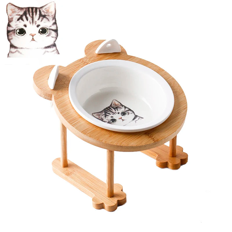 Ceramic Single And Double Pet Food Bowl With Wooden Stand