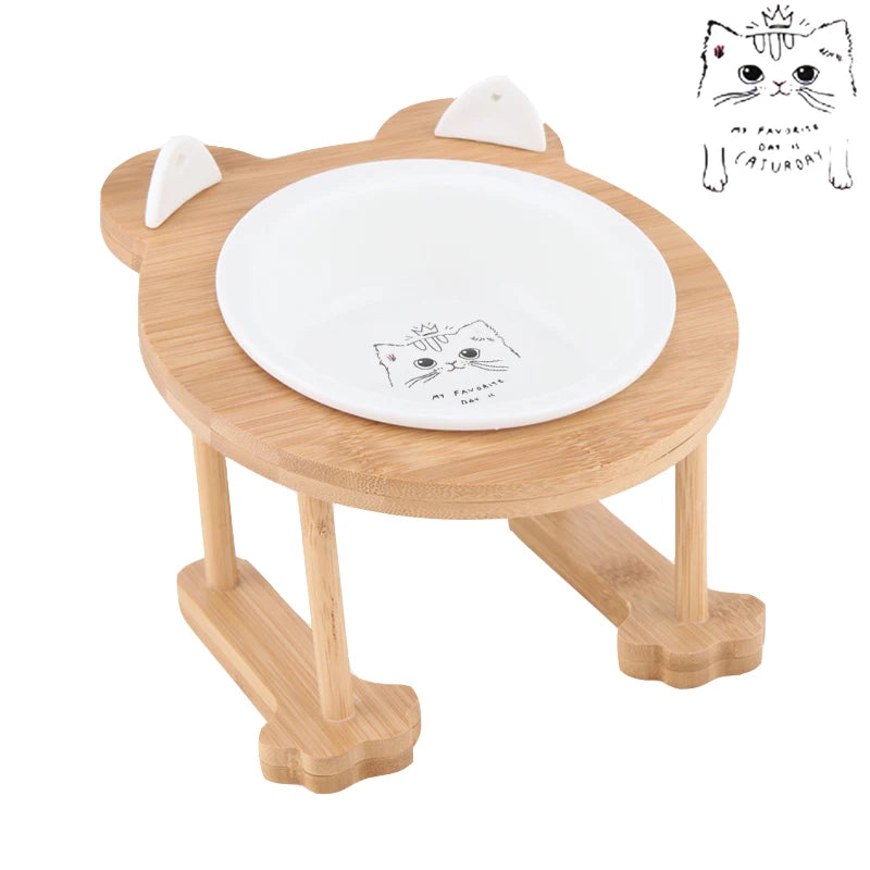 Ceramic Single And Double Pet Food Bowl With Wooden Stand