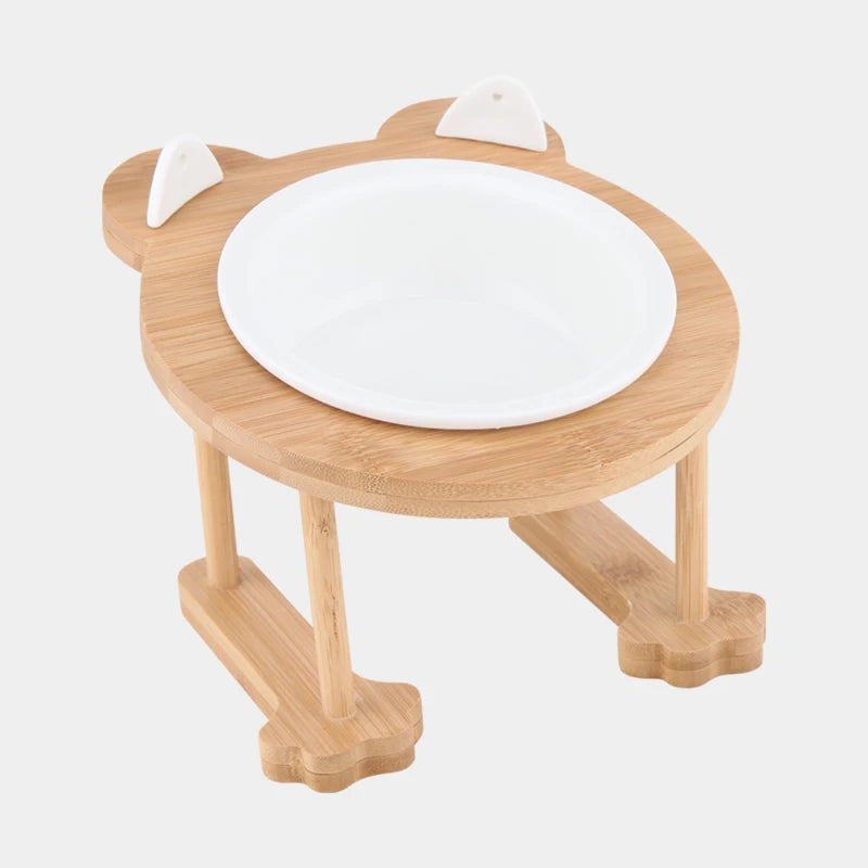 Ceramic Single And Double Pet Food Bowl With Wooden Stand