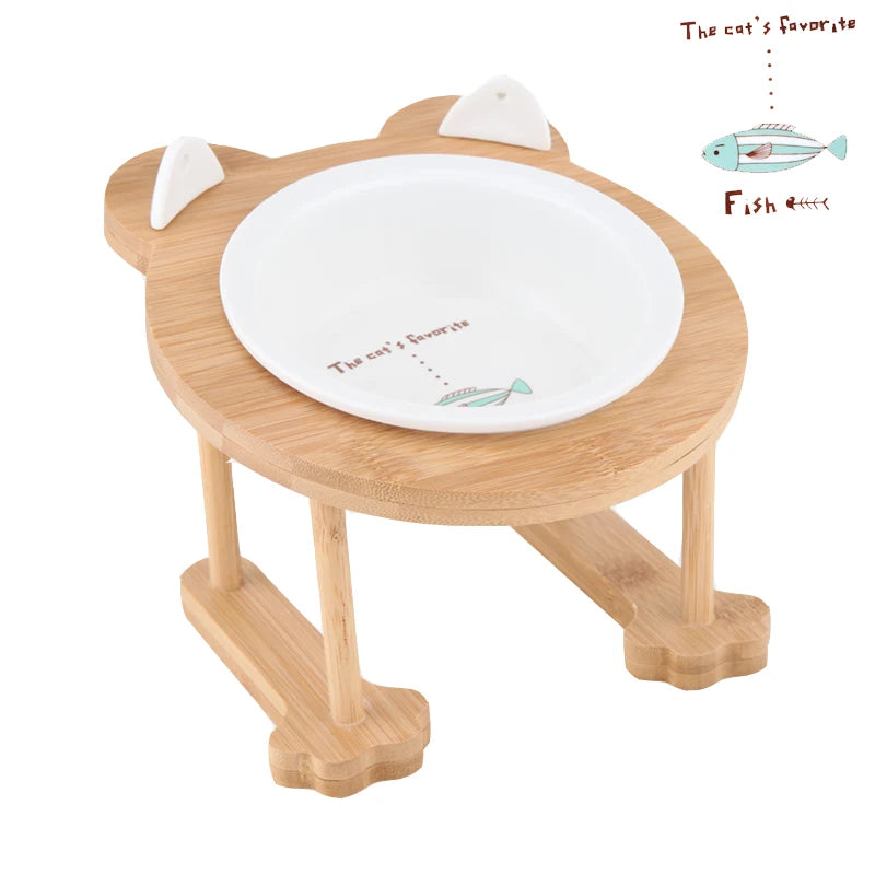 Ceramic Single And Double Pet Food Bowl With Wooden Stand