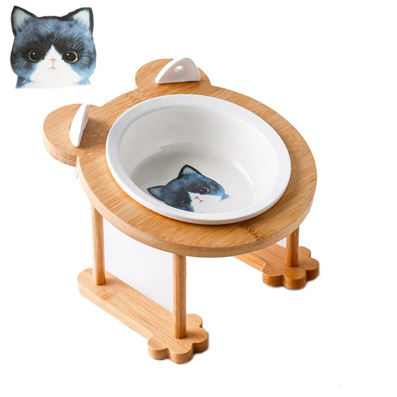 Ceramic Single And Double Pet Food Bowl With Wooden Stand