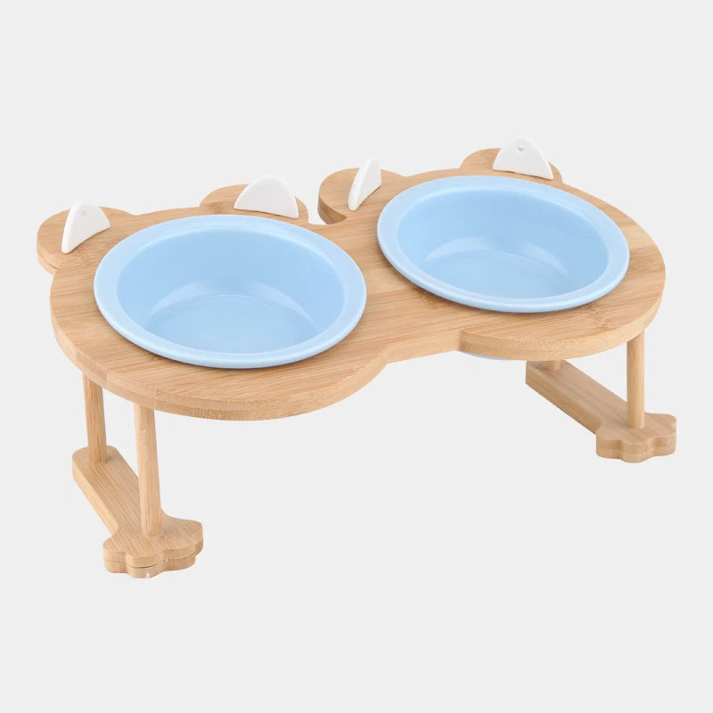 Ceramic Single And Double Pet Food Bowl With Wooden Stand