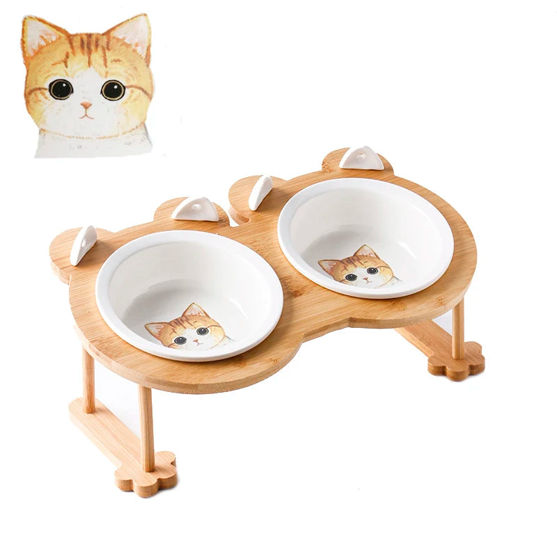 Ceramic Single And Double Pet Food Bowl With Wooden Stand
