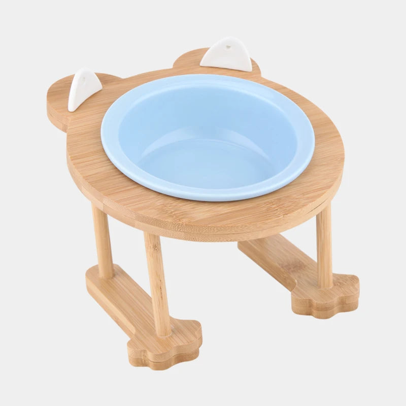 Ceramic Single And Double Pet Food Bowl With Wooden Stand