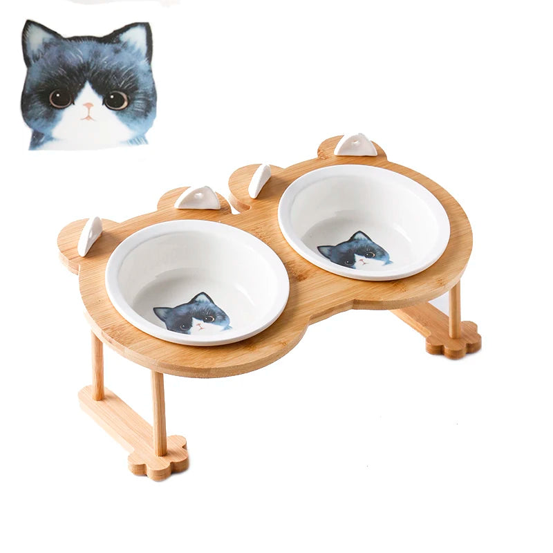 Ceramic Single And Double Pet Food Bowl With Wooden Stand