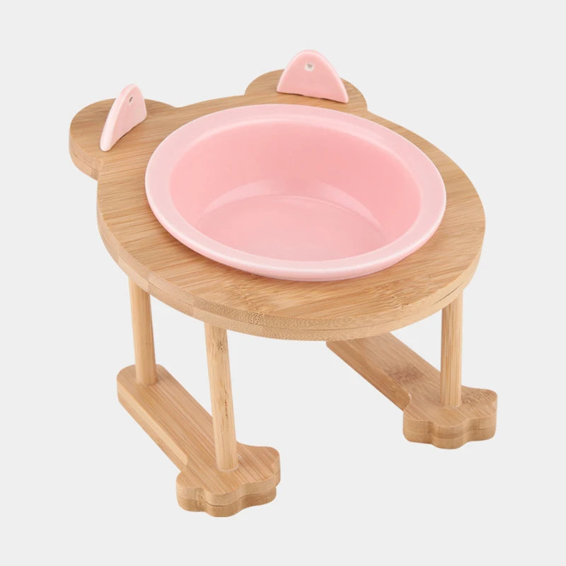 Ceramic Single And Double Pet Food Bowl With Wooden Stand