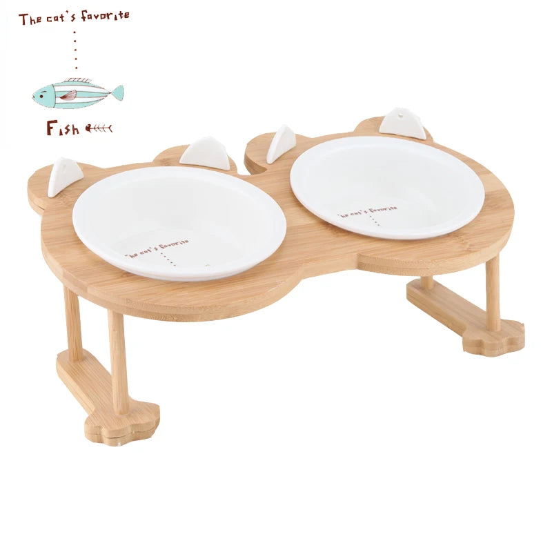 Ceramic Single And Double Pet Food Bowl With Wooden Stand