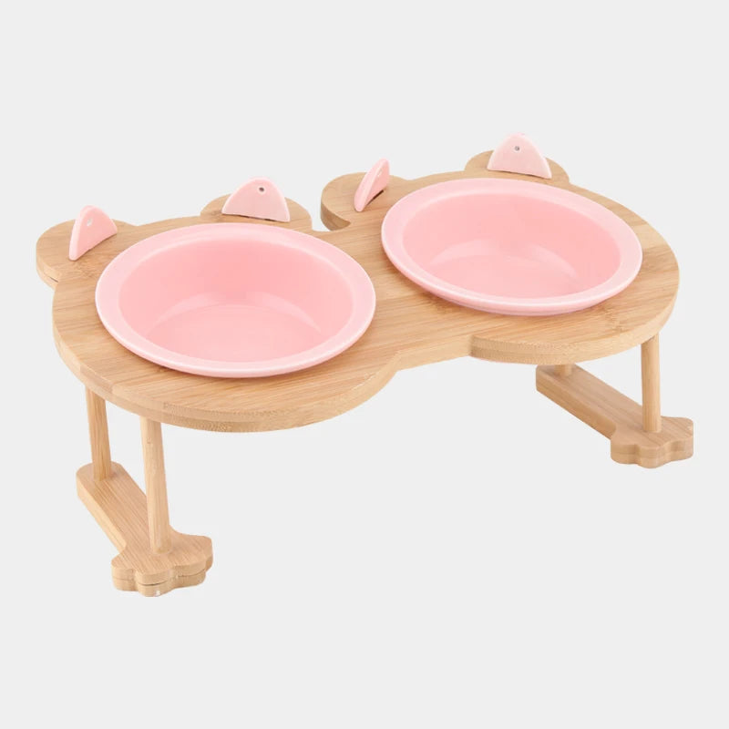 Ceramic Single And Double Pet Food Bowl With Wooden Stand