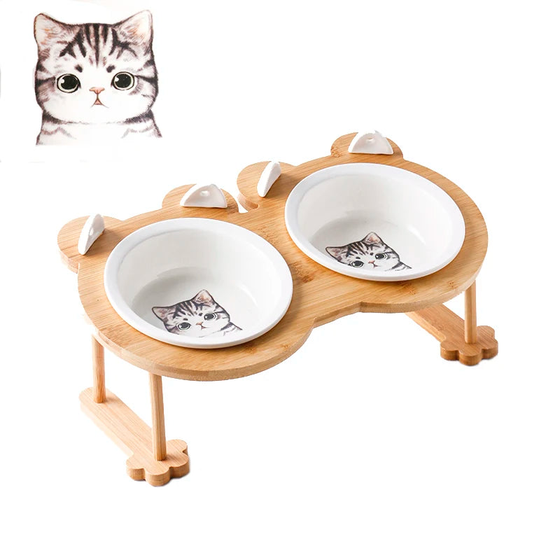Ceramic Single And Double Pet Food Bowl With Wooden Stand