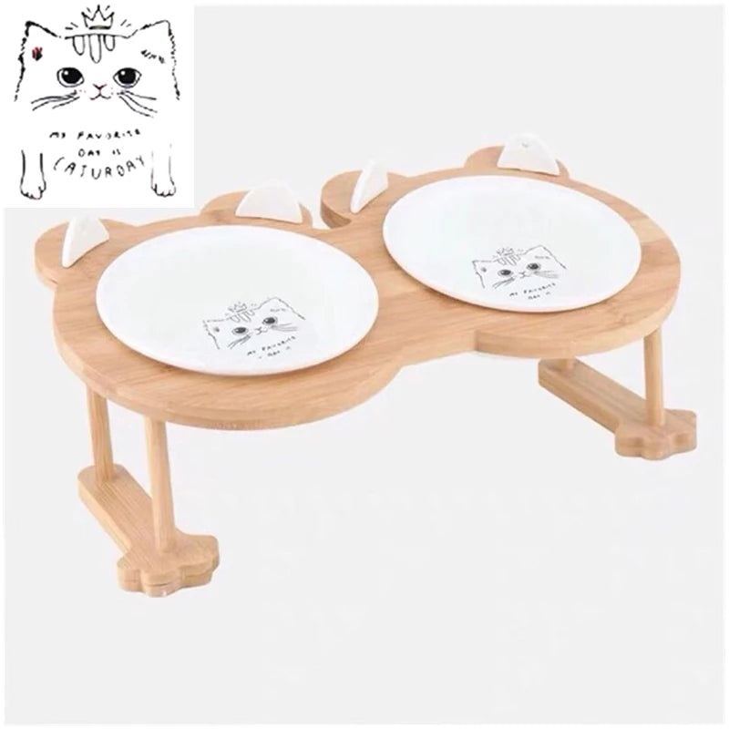 Ceramic Single And Double Pet Food Bowl With Wooden Stand