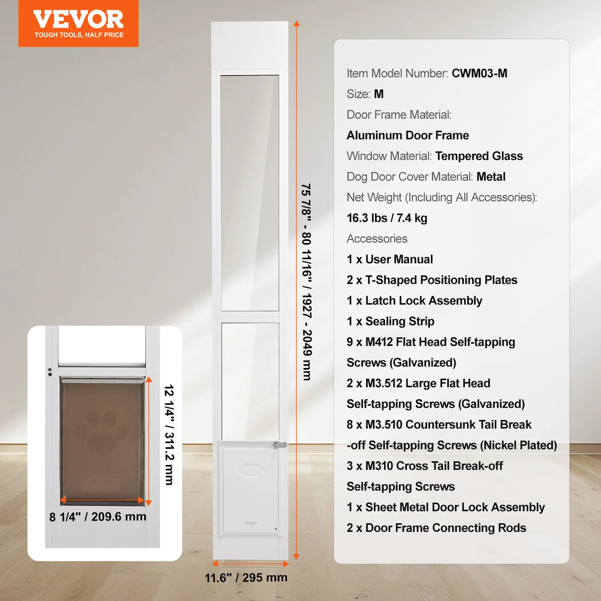 Adjustable Aluminum Frame Tempered Glass Sliding Pet Door
