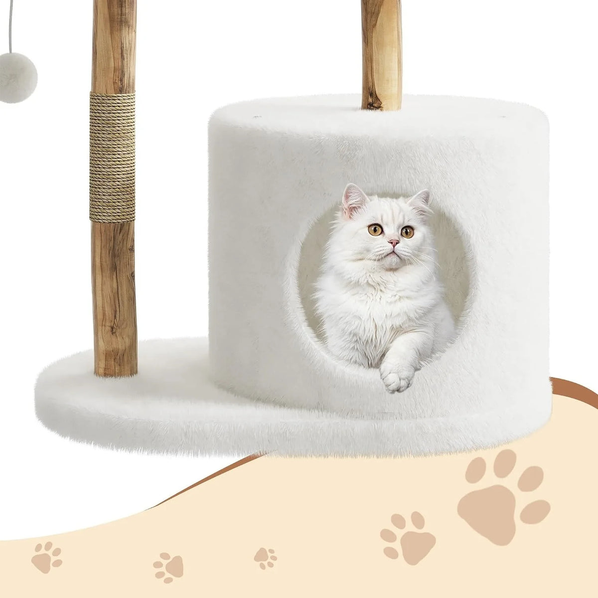Wooden Cat Tree Tower With Rattan, Multi-Level Climbing Activity Center