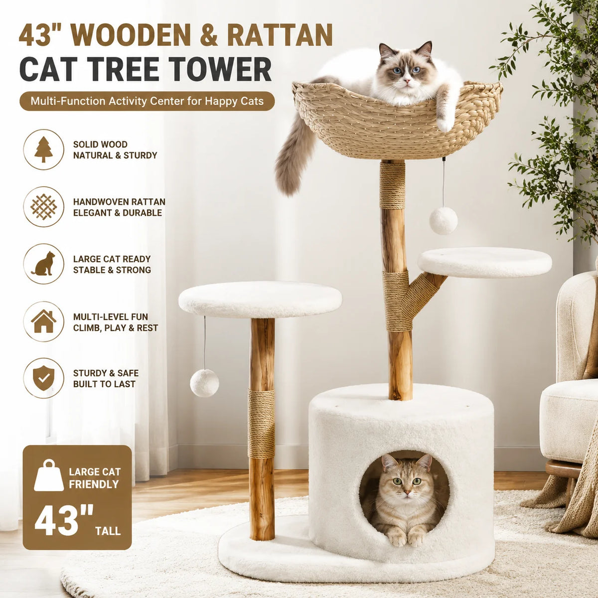 Wooden Cat Tree Tower With Rattan, Multi-Level Climbing Activity Center