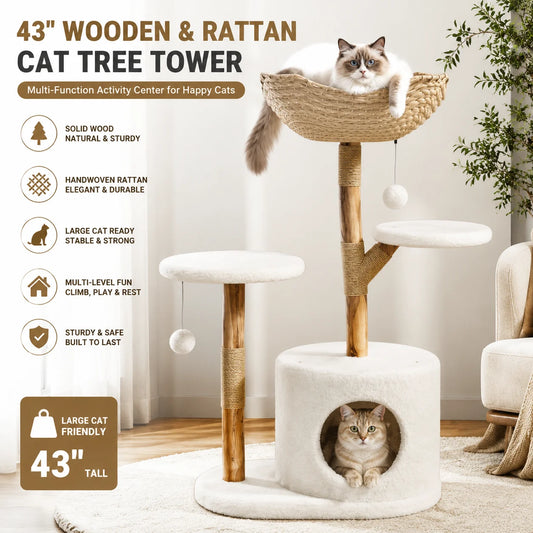 Wooden Cat Tree Tower With Rattan, Multi-Level Climbing Activity Center