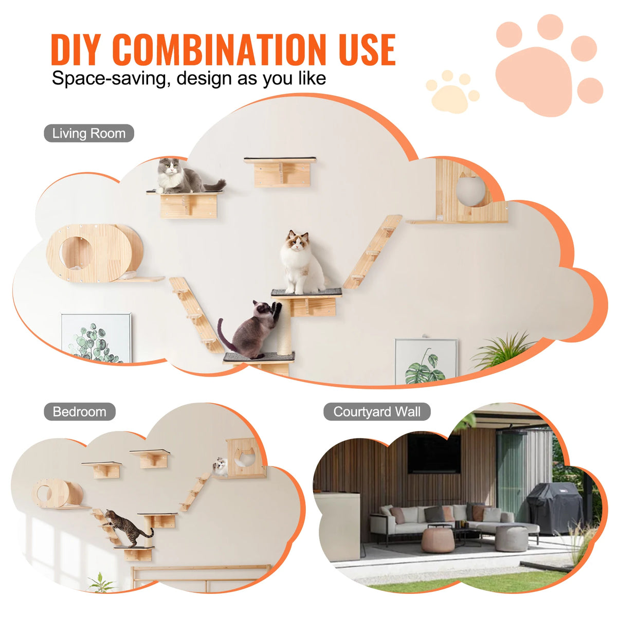 SucceBuy Wall Mounted Cat Shelves With Wooden Perch And Hammock