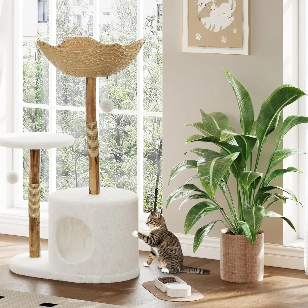Wooden Cat Tree Tower With Rattan, Multi-Level Climbing Activity Center