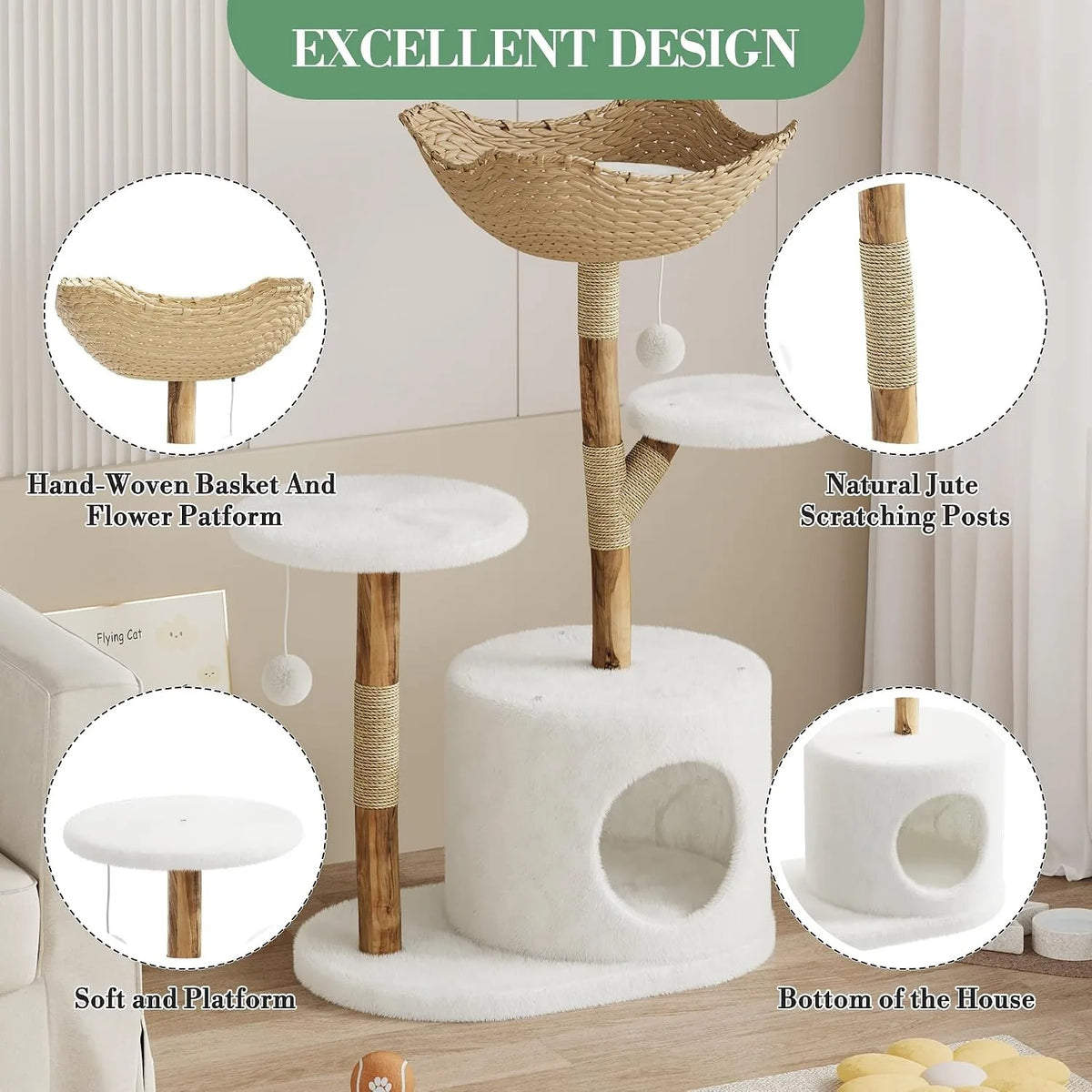 Wooden Cat Tree Tower With Rattan, Multi-Level Climbing Activity Center