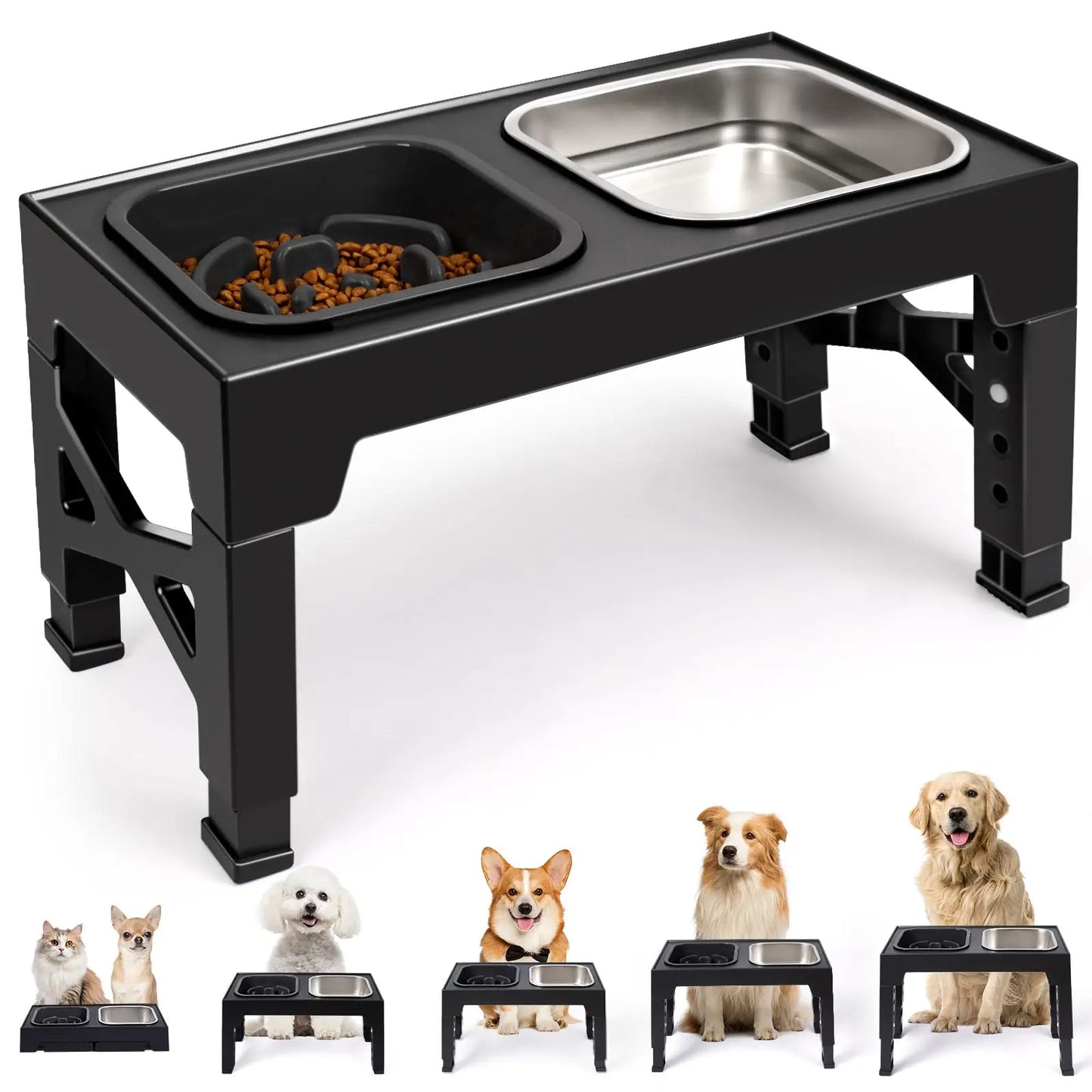 Elevated Adjustable Slow Feeder Dog Bowls With Foldable Stand