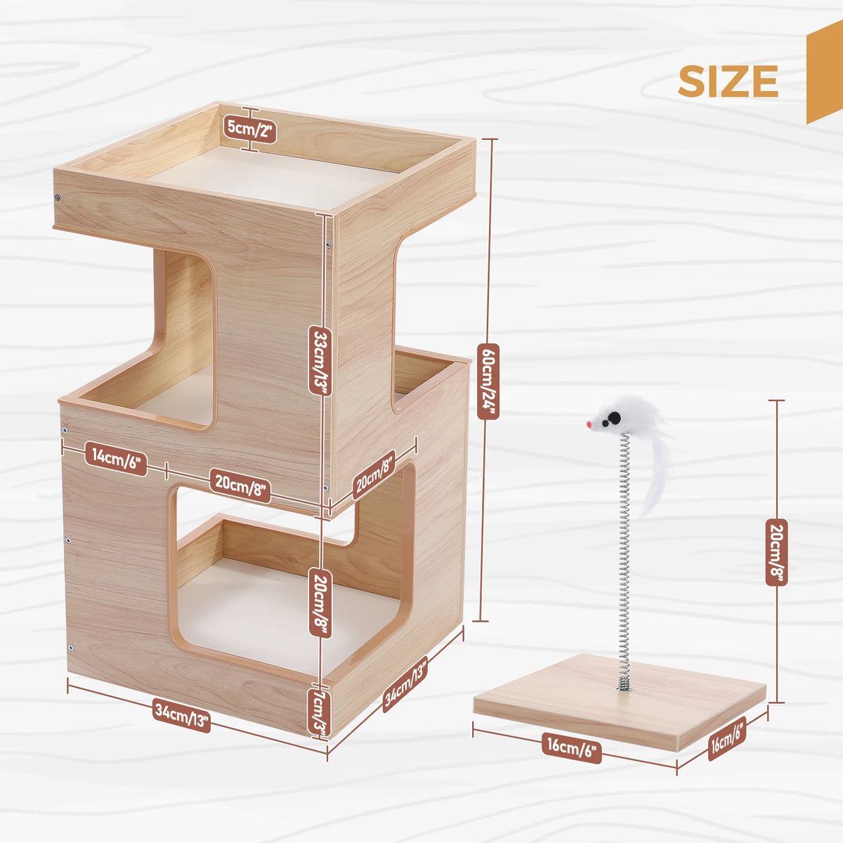 PAWZ Road Modern Wood Cat Condo With Scratching Pad Tower