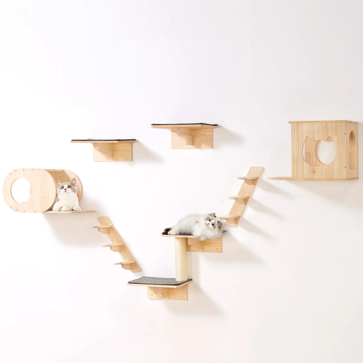 SucceBuy Wall Mounted Cat Shelves With Wooden Perch And Hammock