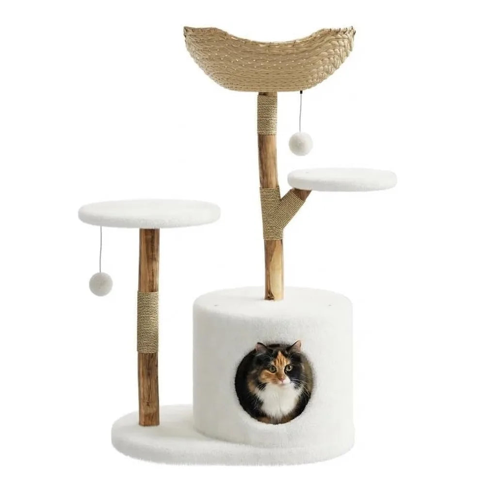 Wooden Cat Tree Tower With Rattan, Multi-Level Climbing Activity Center