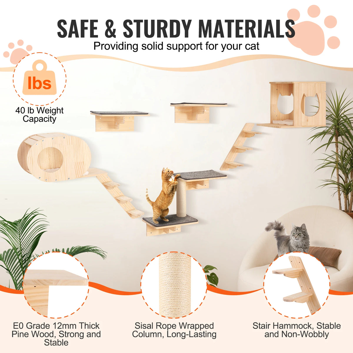 SucceBuy Wall Mounted Cat Shelves With Wooden Perch And Hammock