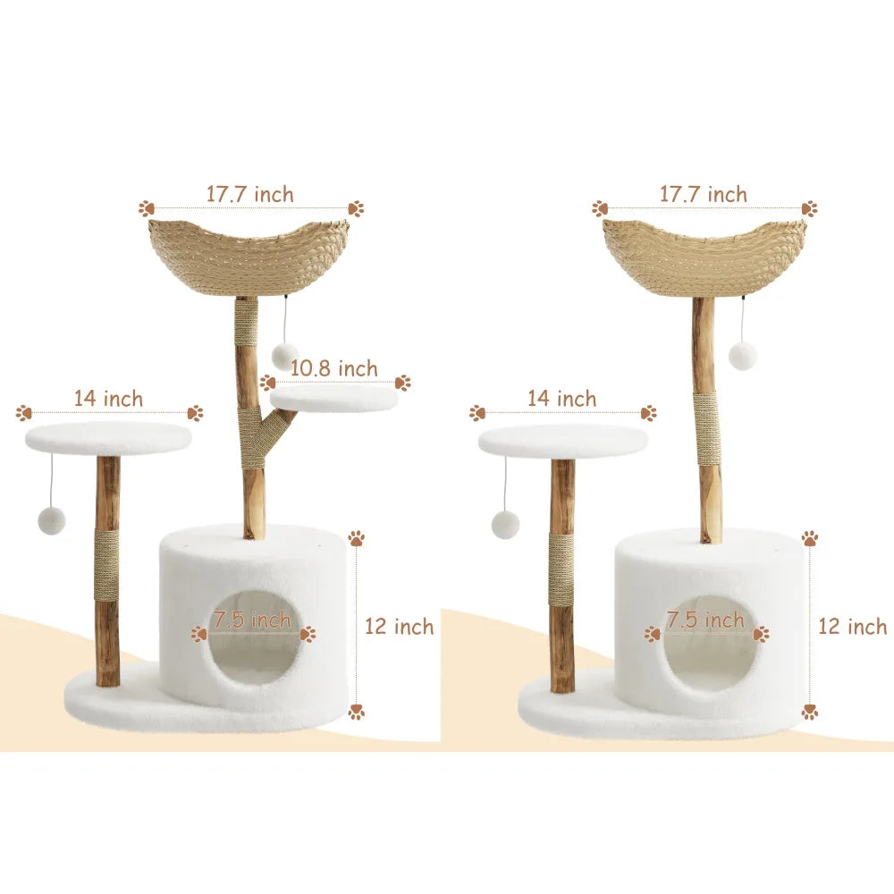 Wooden Cat Tree Tower With Rattan, Multi-Level Climbing Activity Center