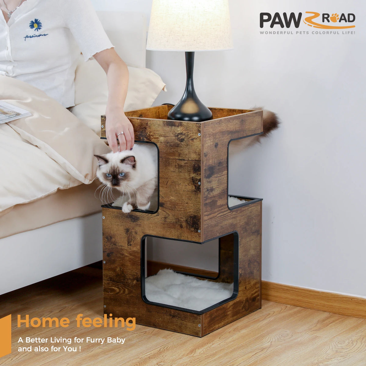 PAWZ Road Modern Wood Cat Condo With Scratching Pad Tower