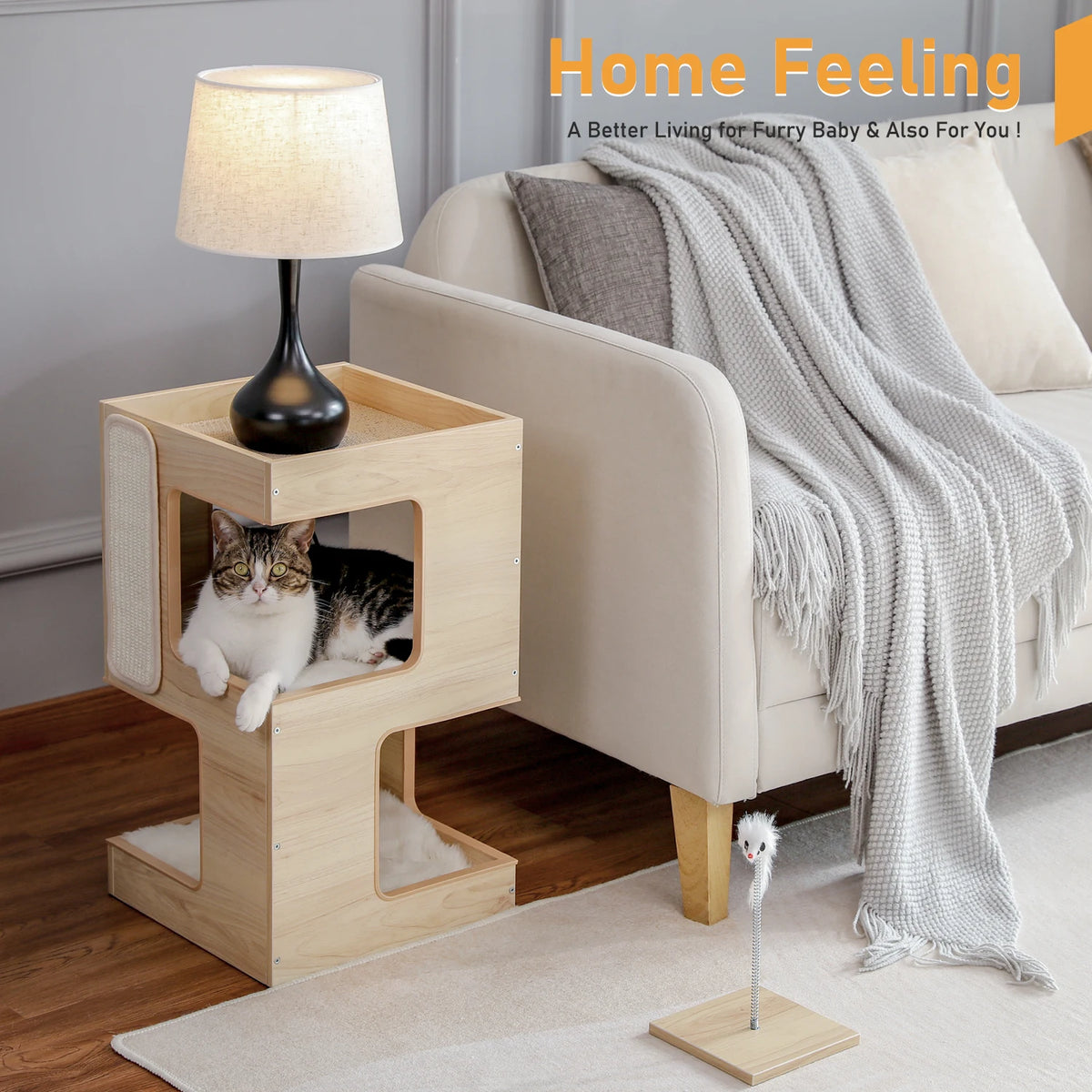 PAWZ Road Modern Wood Cat Condo With Scratching Pad Tower