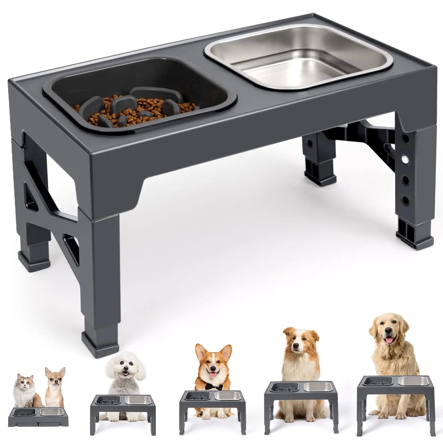 Elevated Adjustable Slow Feeder Dog Bowls With Foldable Stand