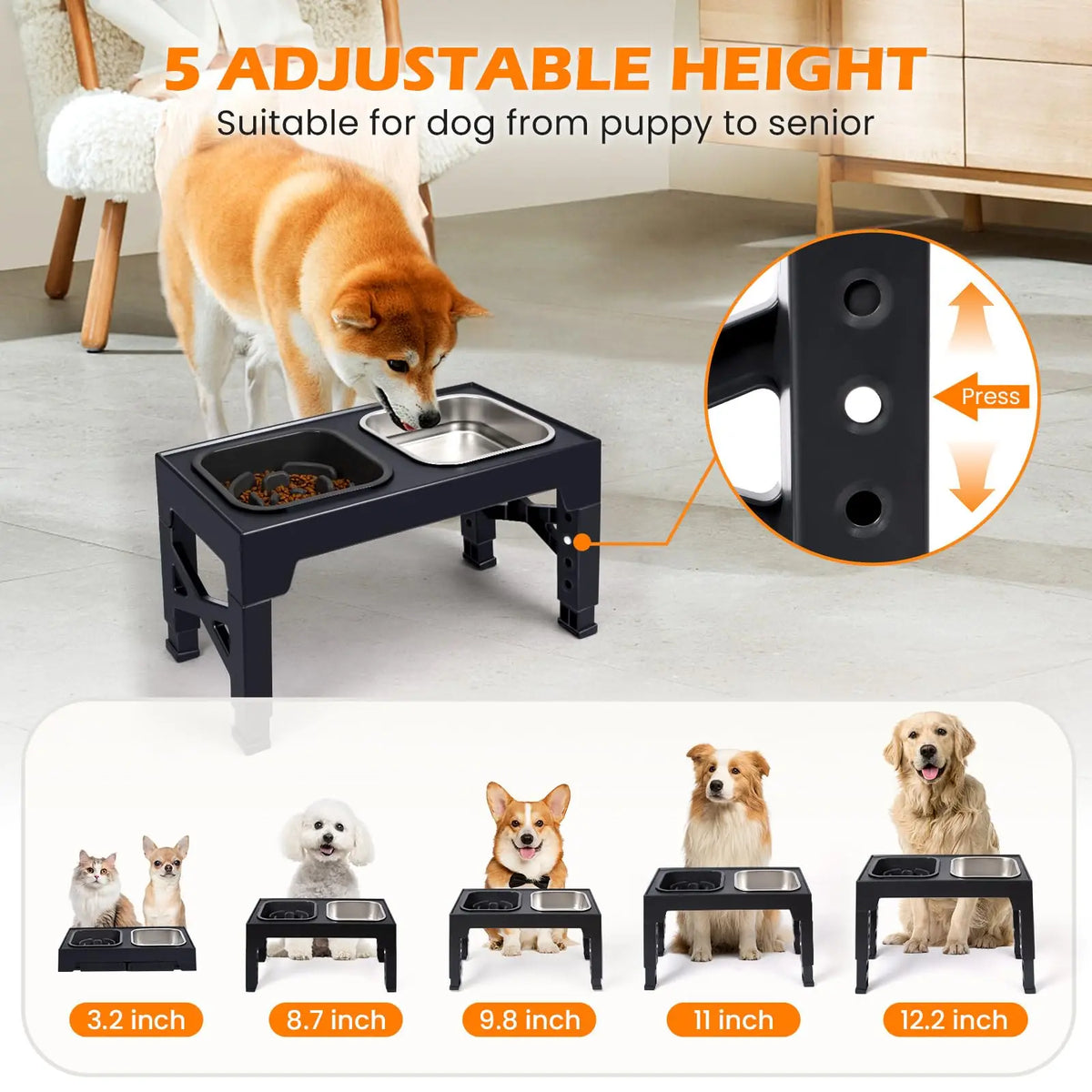 Elevated Adjustable Slow Feeder Dog Bowls With Foldable Stand