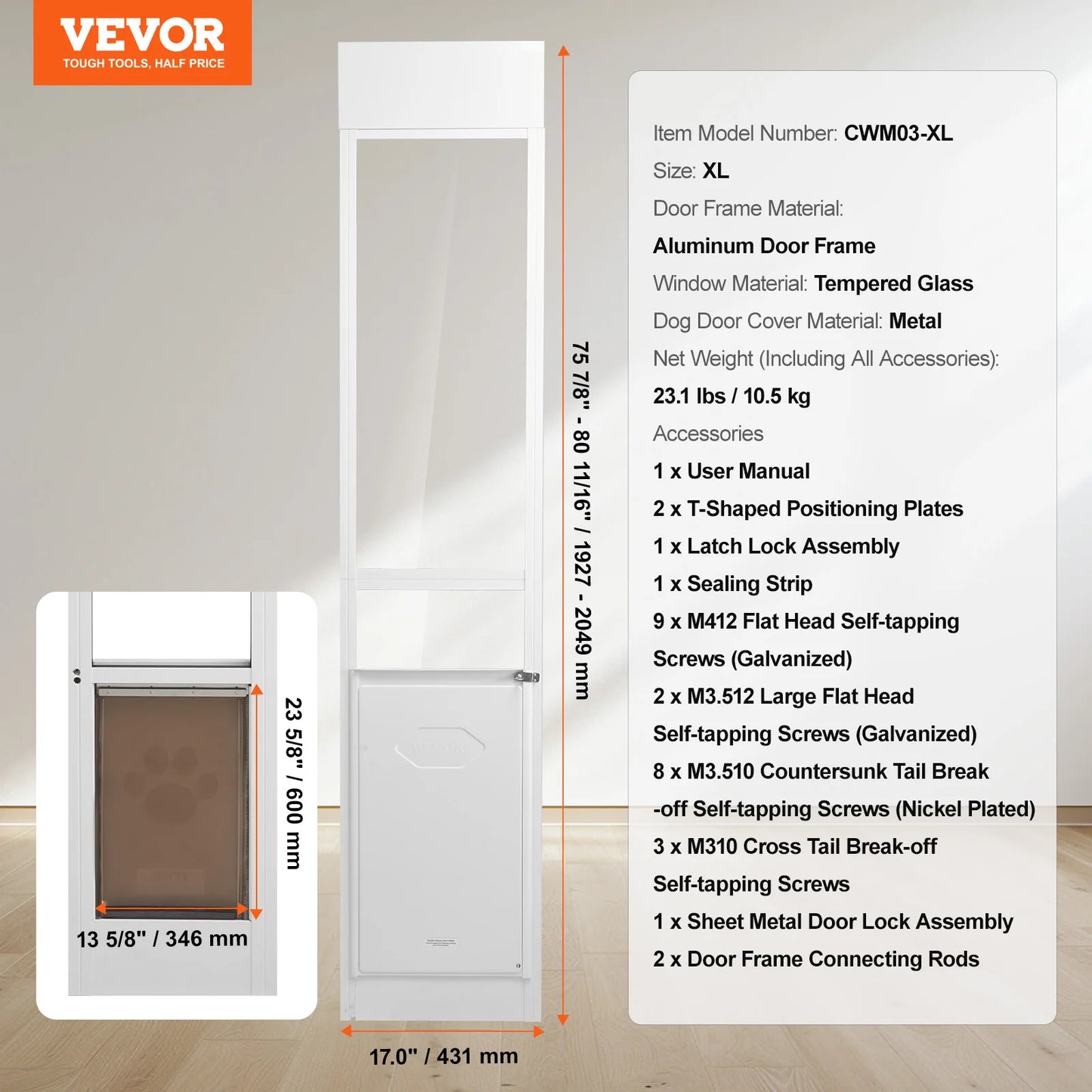 Adjustable Aluminum Frame Tempered Glass Sliding Pet Door