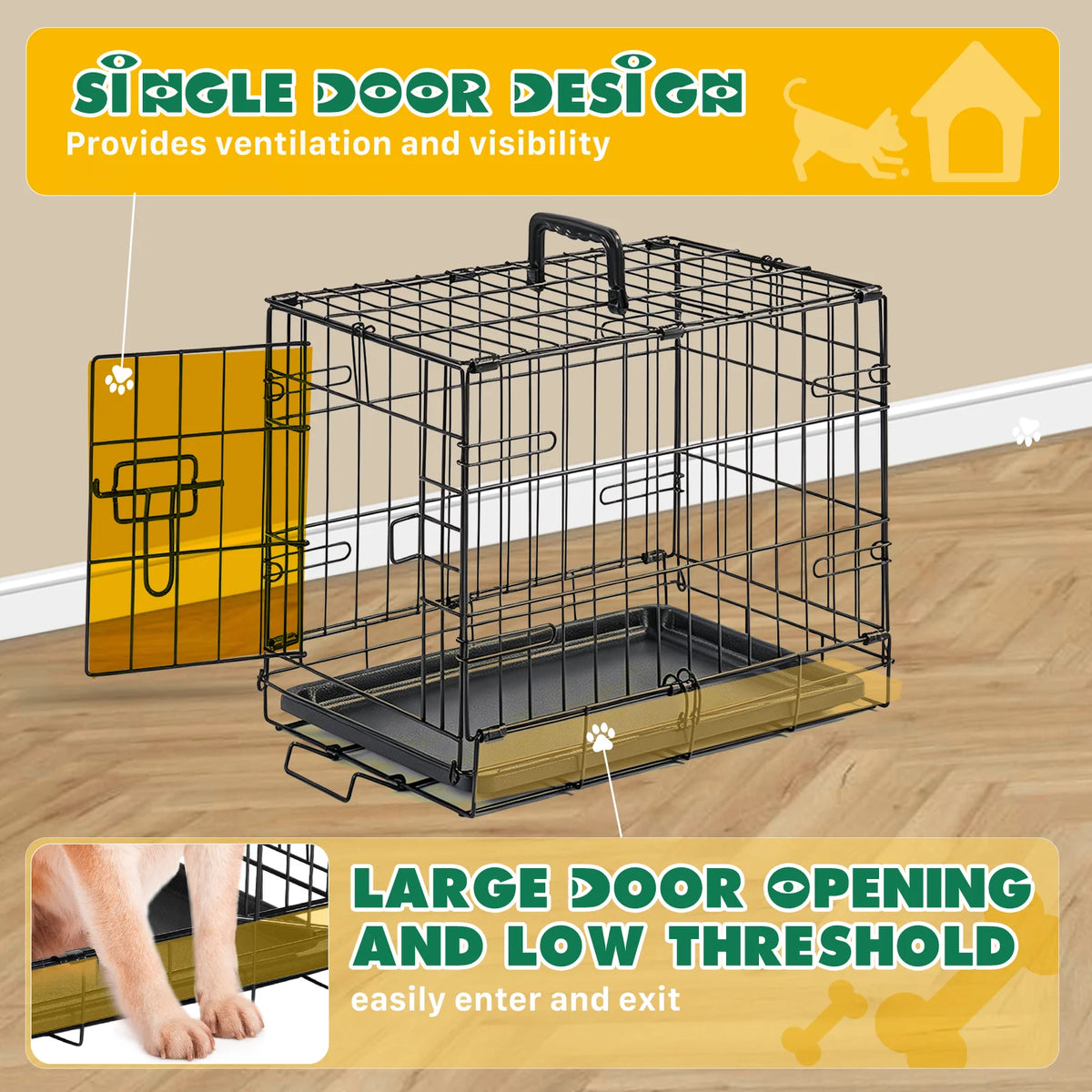 JHK Foldable Metal Dog Crate With Secure Lock And Tray