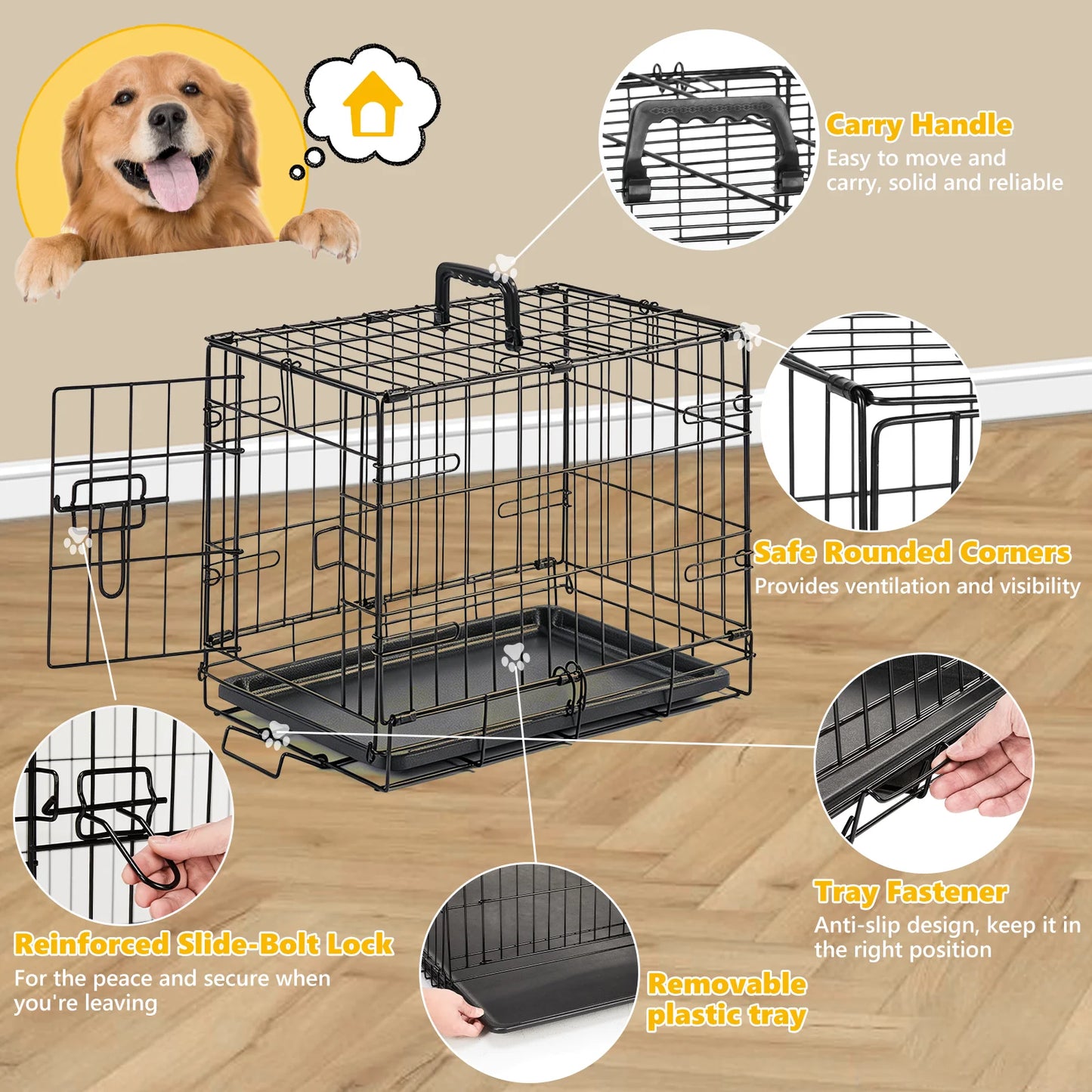 JHK Foldable Metal Dog Crate With Secure Lock And Tray
