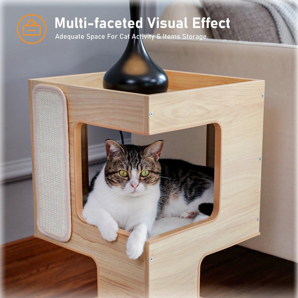 PAWZ Road Modern Wood Cat Condo With Scratching Pad Tower